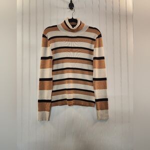 Maeve Anthropologie Women's Black Tan Strip Turtleneck Knit Sweater Size XL Cozy